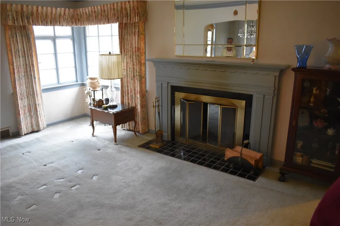 Detailed view of a fireplace with flush hearth and carpet