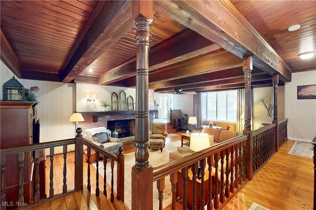 Living room featuring light wood finished floors, a fireplace, a wooden ceiling with exposed beams, ceiling fan, and wooden walls