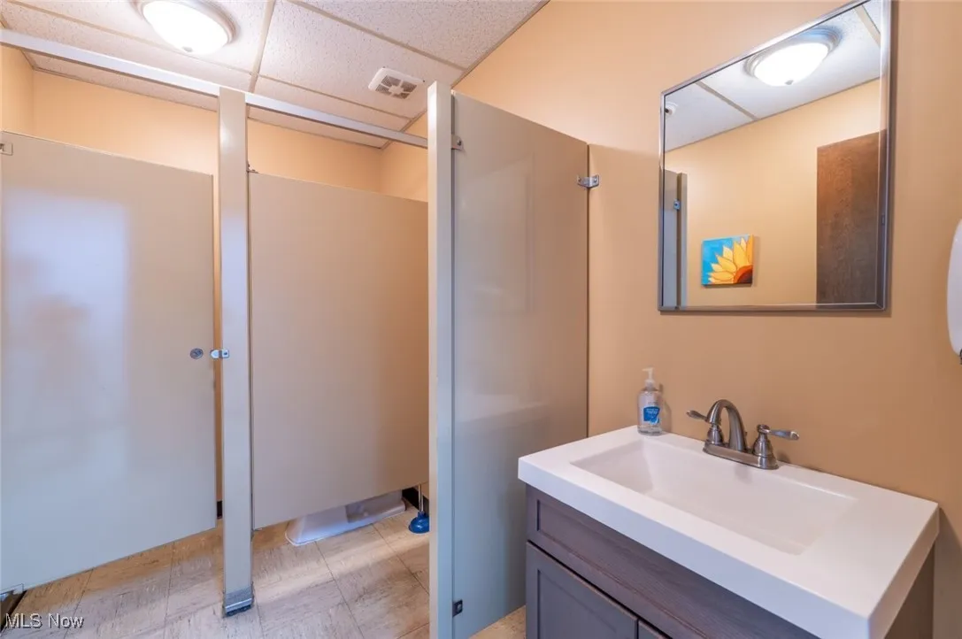 Bathroom with vanity, a paneled ceiling, and a shower