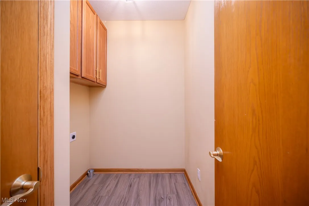 Washroom with light wood-type flooring, cabinet space, and electric dryer hookup
