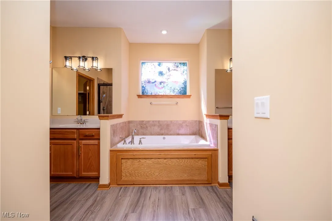 Bathroom featuring vanity, light wood-style floors, a garden tub, and a shower