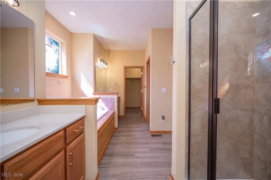 Bathroom with a spacious closet, a shower stall, vanity, and light wood-type flooring
