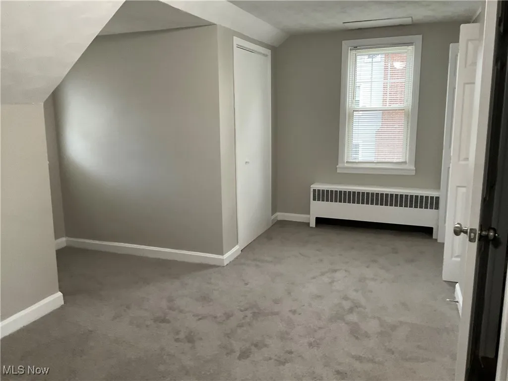Additional living space featuring radiator, light colored carpet, and lofted ceiling