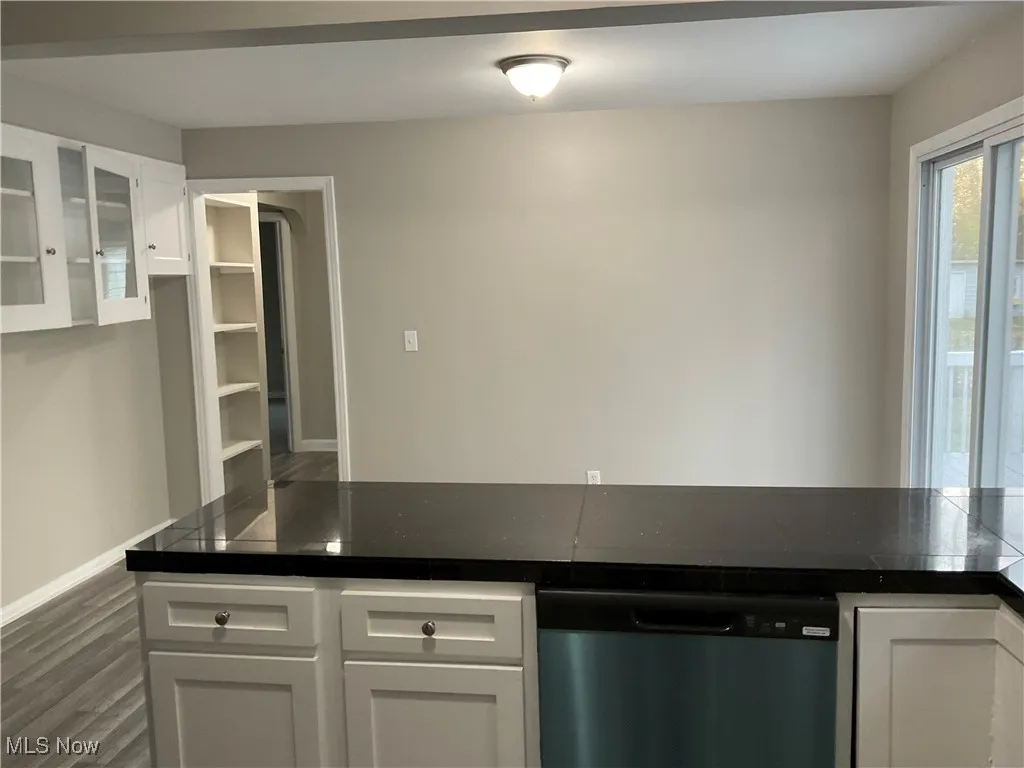 Kitchen with white cabinetry, stainless steel dishwasher, dark wood-style flooring, and glass insert cabinets