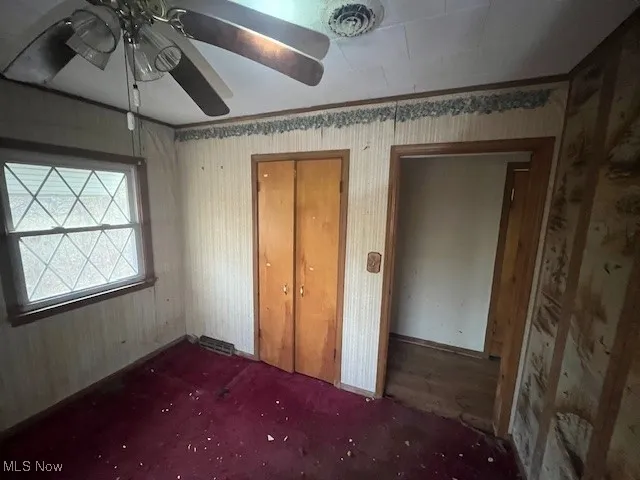 Unfurnished bedroom with crown molding, a ceiling fan, carpet flooring, and a closet