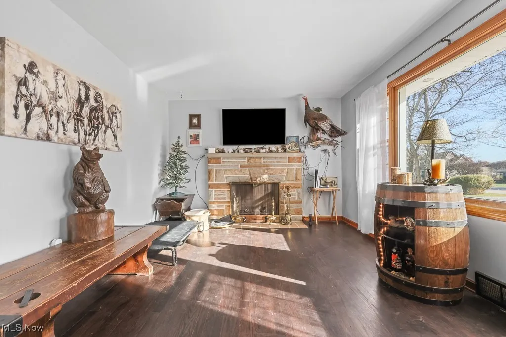 Living area featuring dark wood-style floors and a stone fireplace