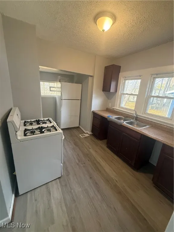 Kitchen featuring dark brown cabinets, range, freestanding refrigerator, light countertops, and light wood-style floors