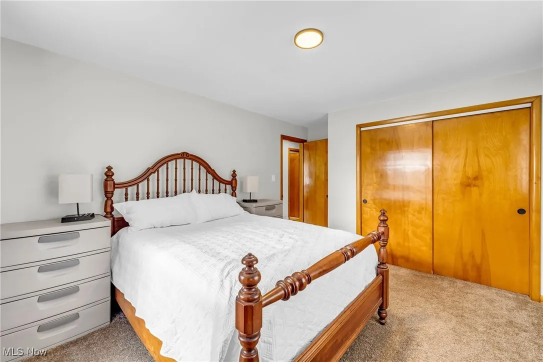 Bedroom with light colored carpet and a closet