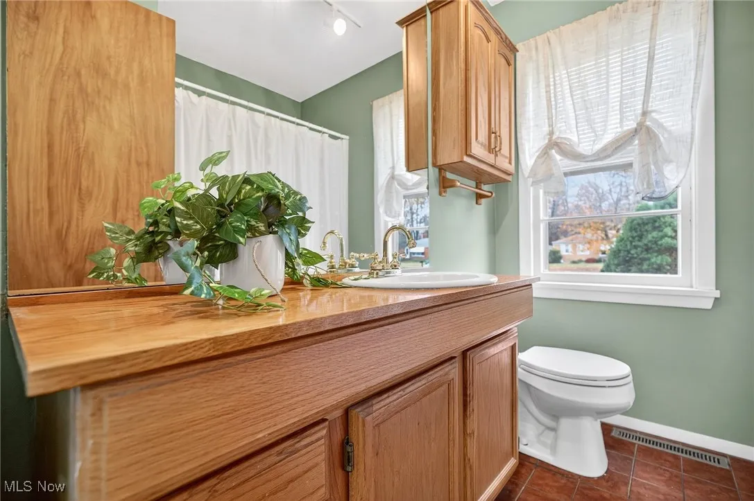 Full bathroom featuring plenty of natural light, vanity, dark tile patterned floors, and a shower with curtain