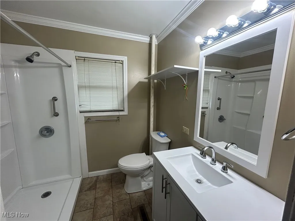 Bathroom with crown molding, vanity, and a shower stall