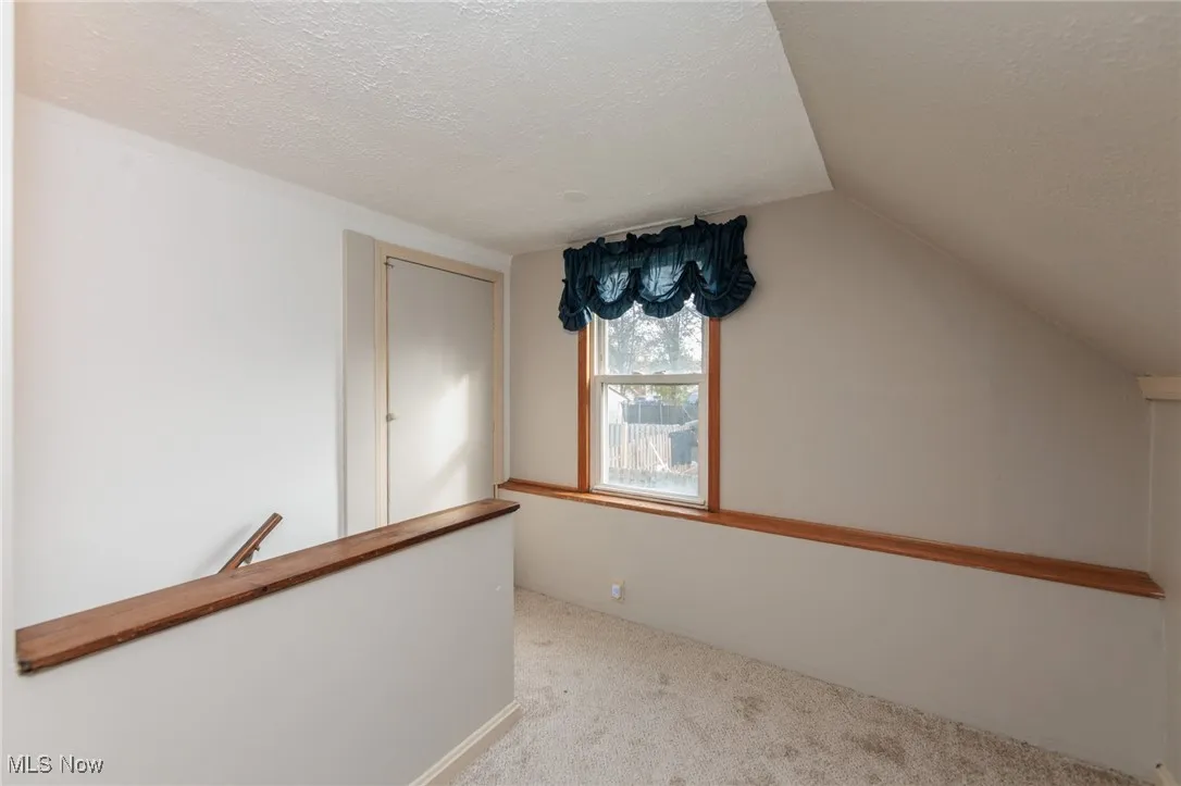 Additional living space with carpet, a textured ceiling, and vaulted ceiling