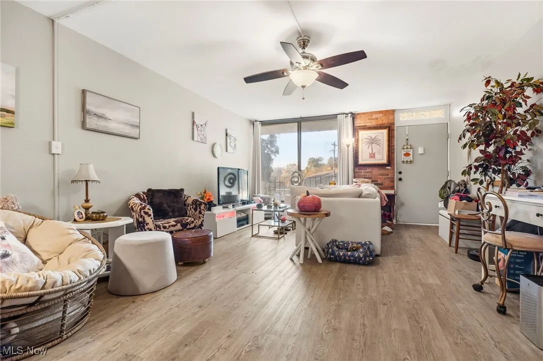 Living room featuring expansive windows, light wood-type flooring, and a ceiling fan
