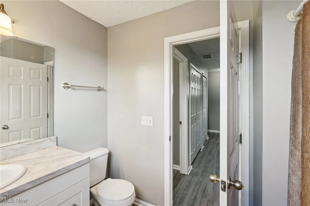 Bathroom featuring a textured ceiling, vanity, and dark wood finished floors