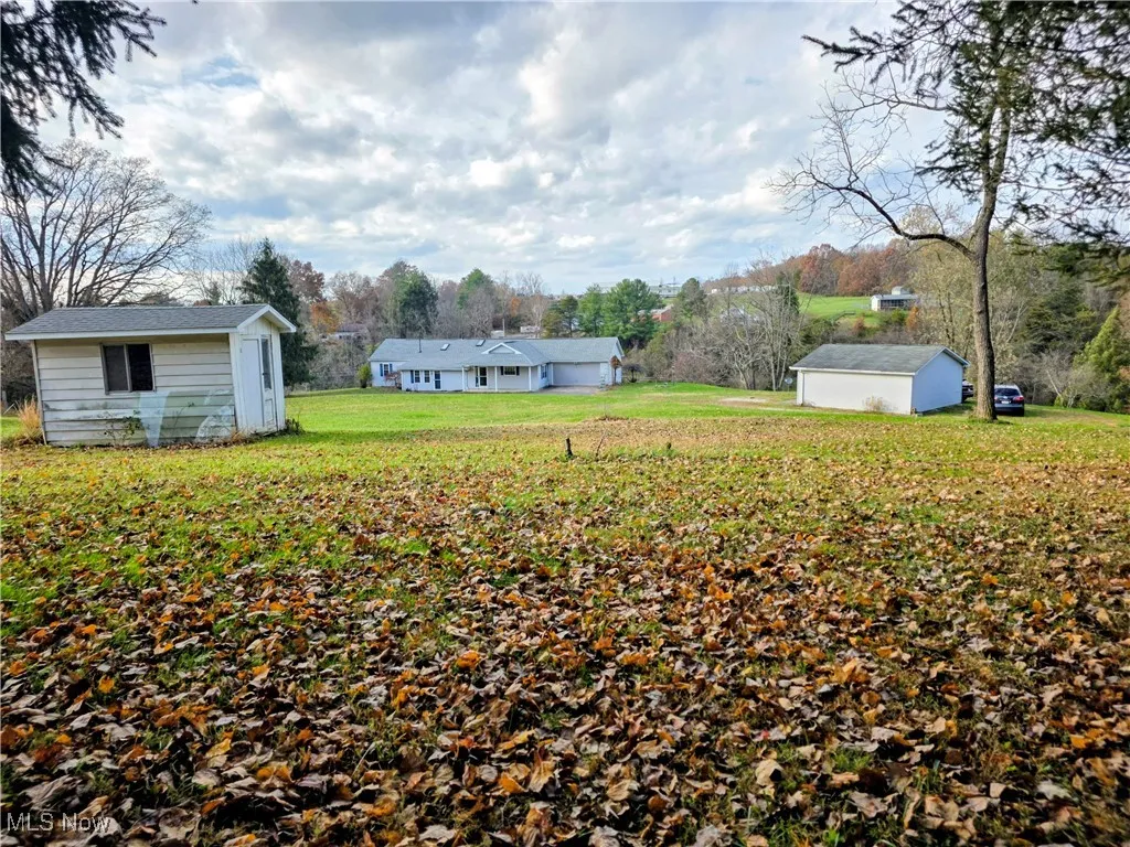 View of green lawn featuring a storage unit
