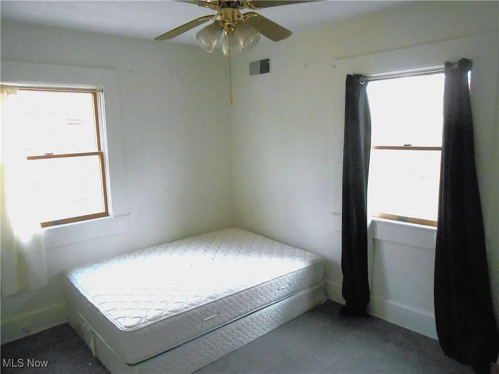 carpeted flooring and ceiling fan
