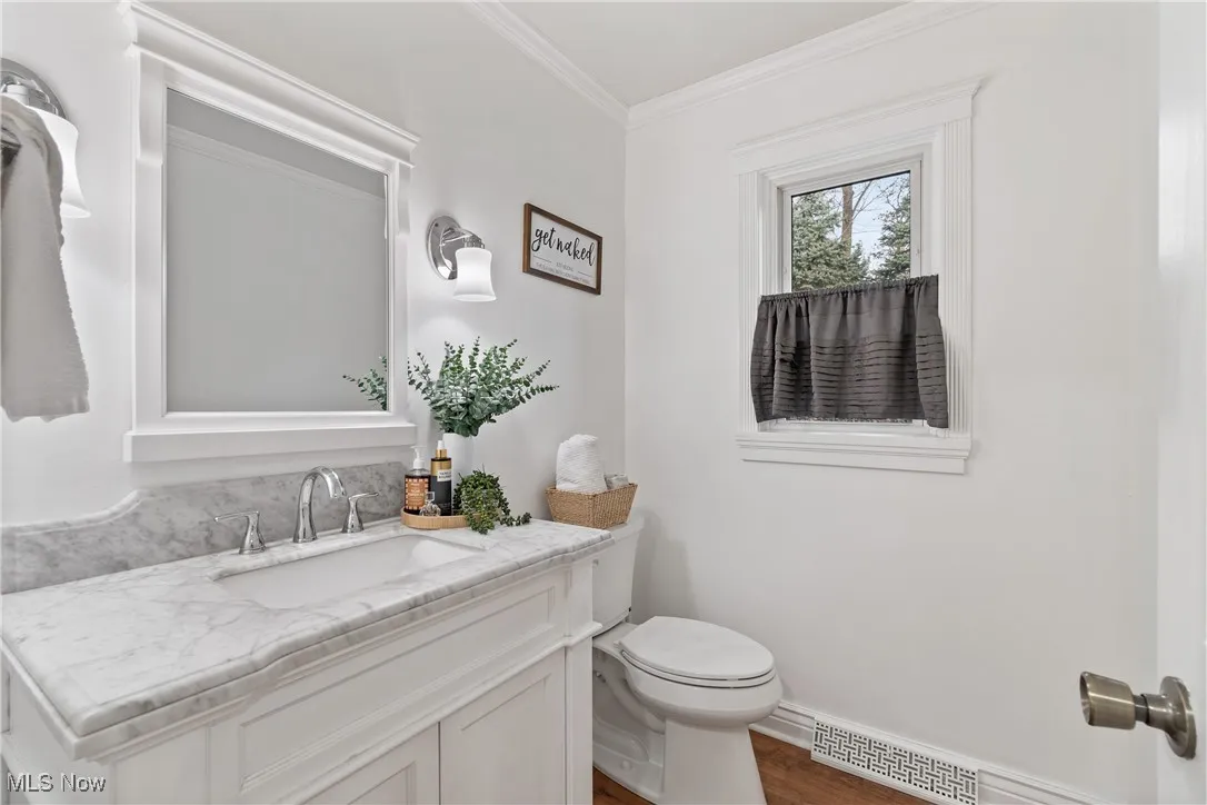 Half bathroom featuring vanity, crown molding, and dark wood-style floors