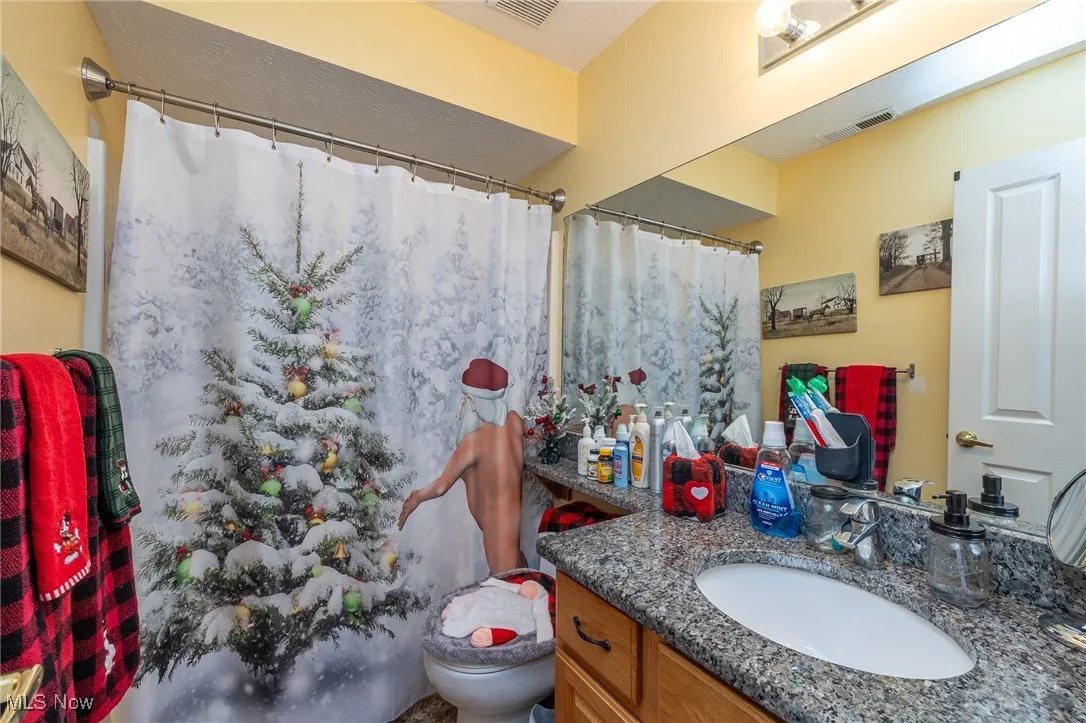 Full bath featuring vanity and curtained shower