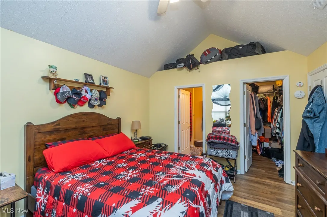Bedroom featuring dark wood-style flooring, vaulted ceiling, a walk in closet, a textured ceiling, and ceiling fan