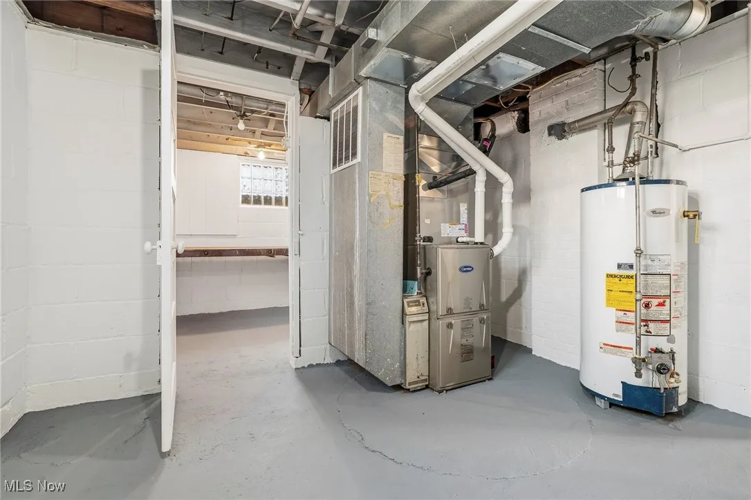Utility room with gas water heater and heating unit