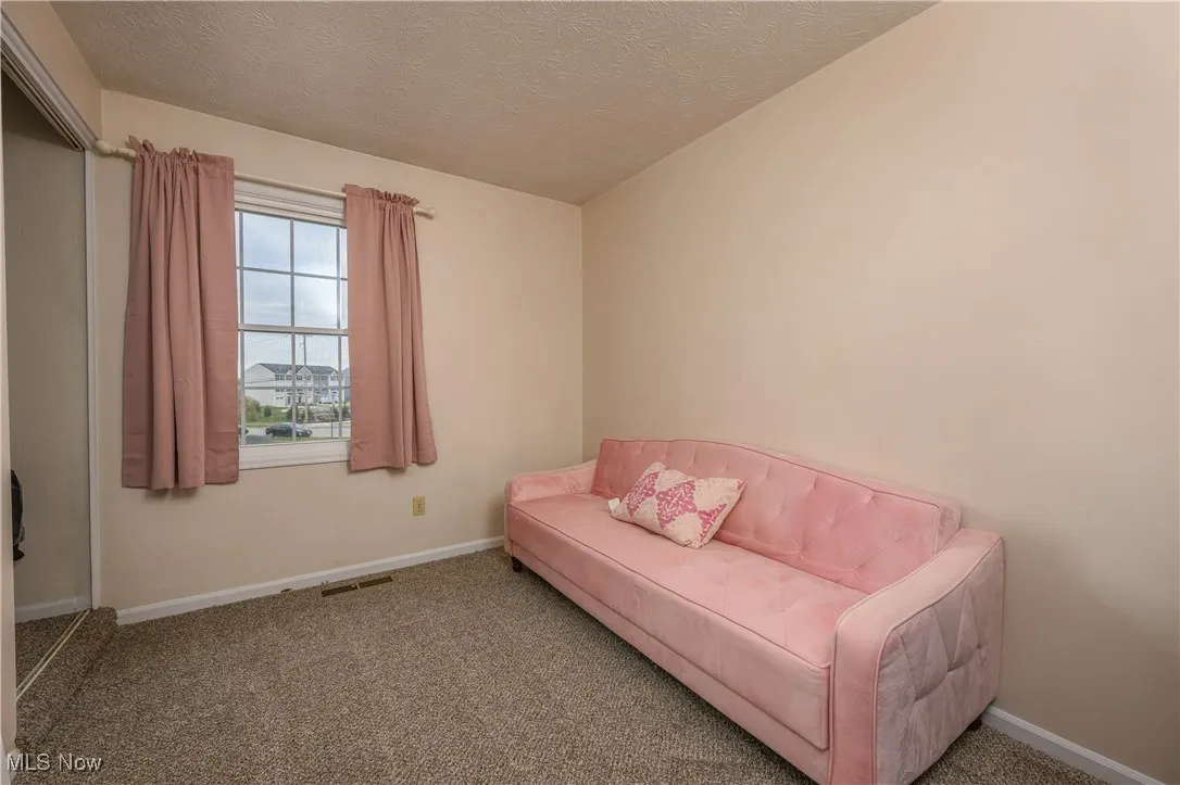 Sitting room featuring carpet flooring and a textured ceiling
