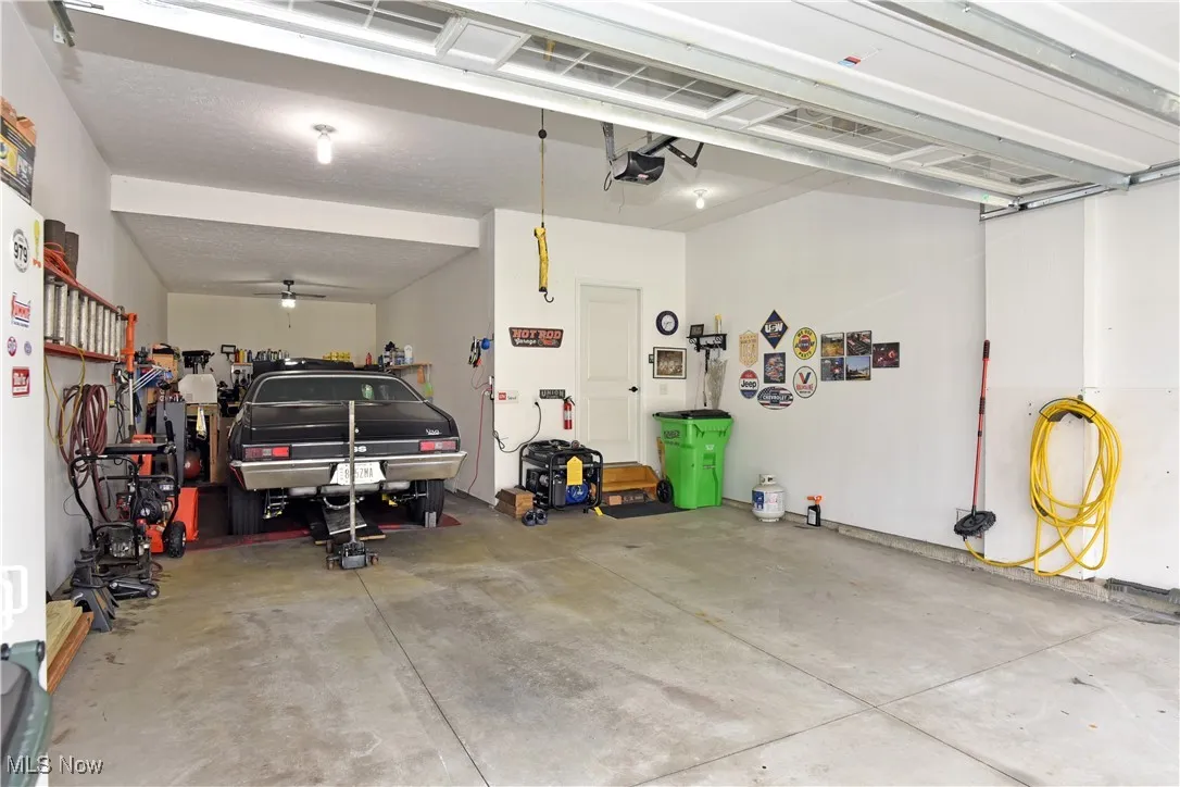 Garage with a ceiling fan