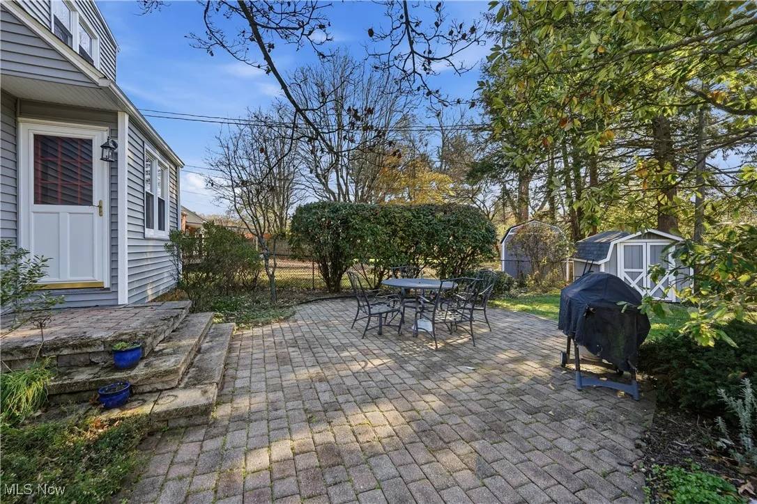 Fenced backyard with a patio area, outdoor dining space, a grill, and a storage unit