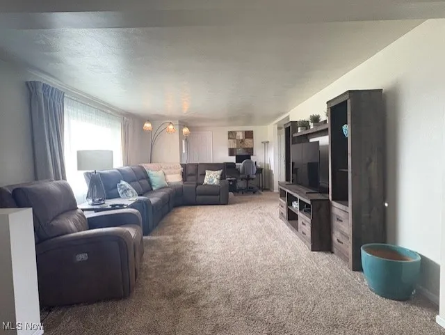 Carpeted living area with baseboards