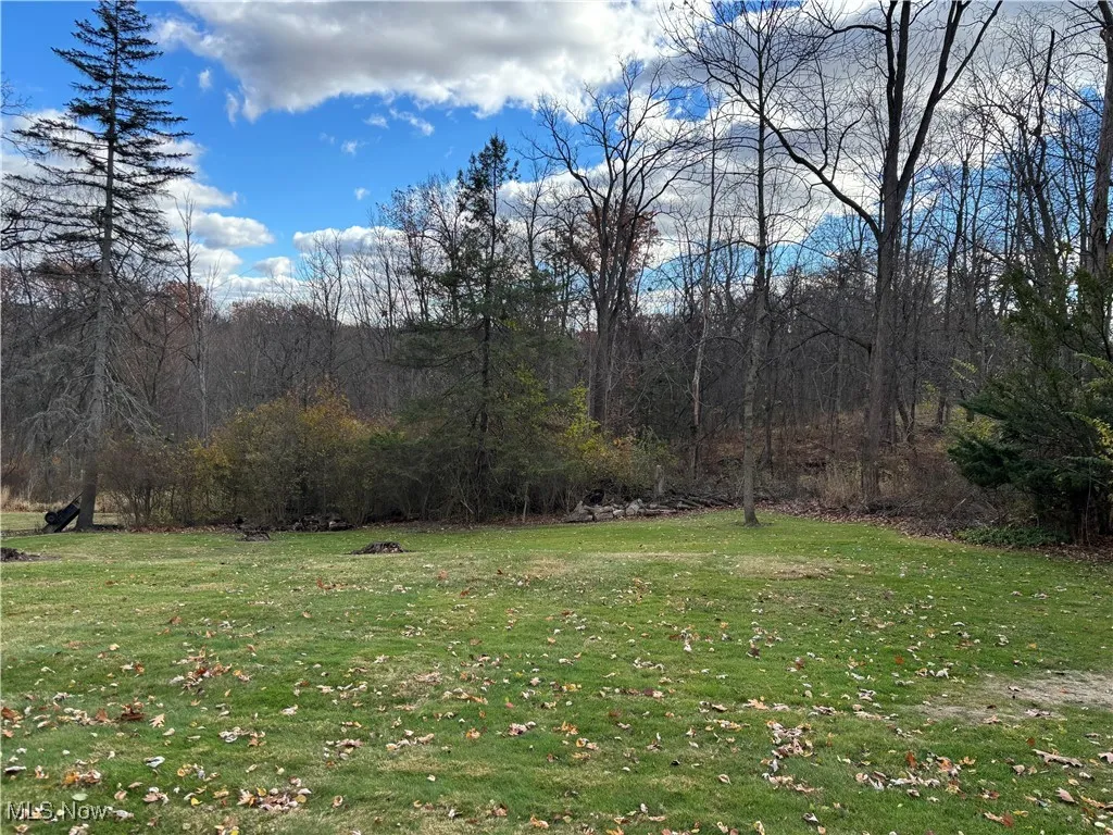 View of grassy yard featuring a view of trees