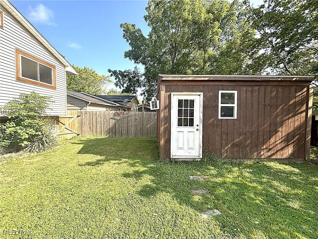 View of shed featuring a fenced backyard