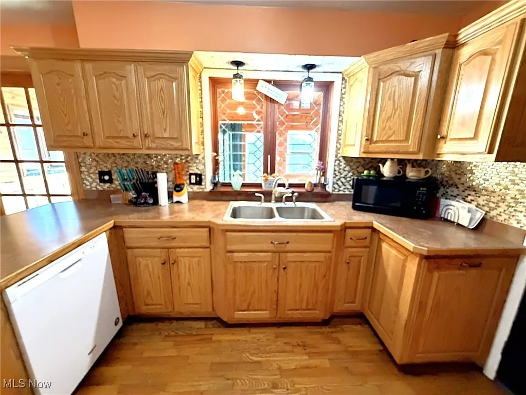 Kitchen featuring light wood finished floors, tasteful backsplash, and dishwasher