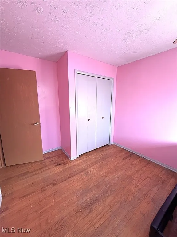 Unfurnished bedroom with wood finished floors, a textured ceiling, and a closet