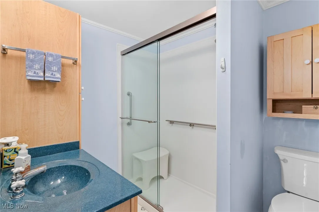 Bathroom with ornamental molding, a shower stall, and vanity