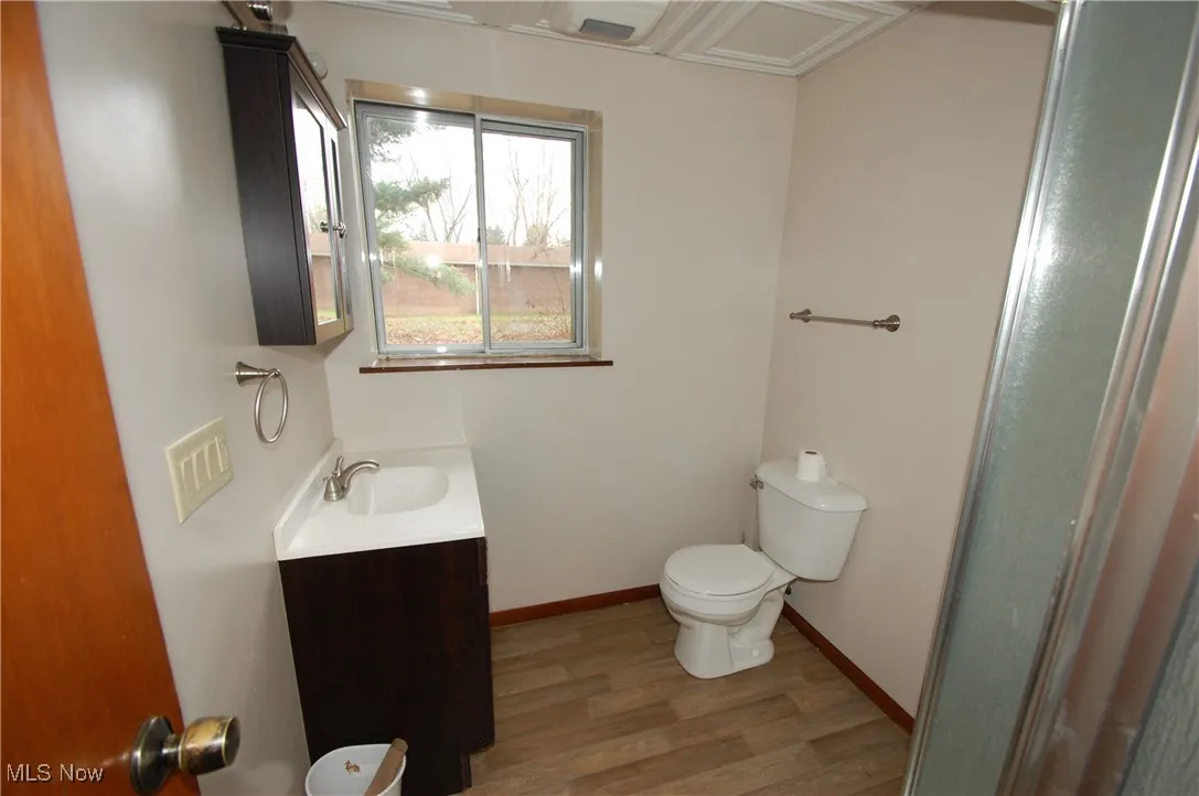 Bathroom featuring vanity, wood finished floors, and a shower with shower door