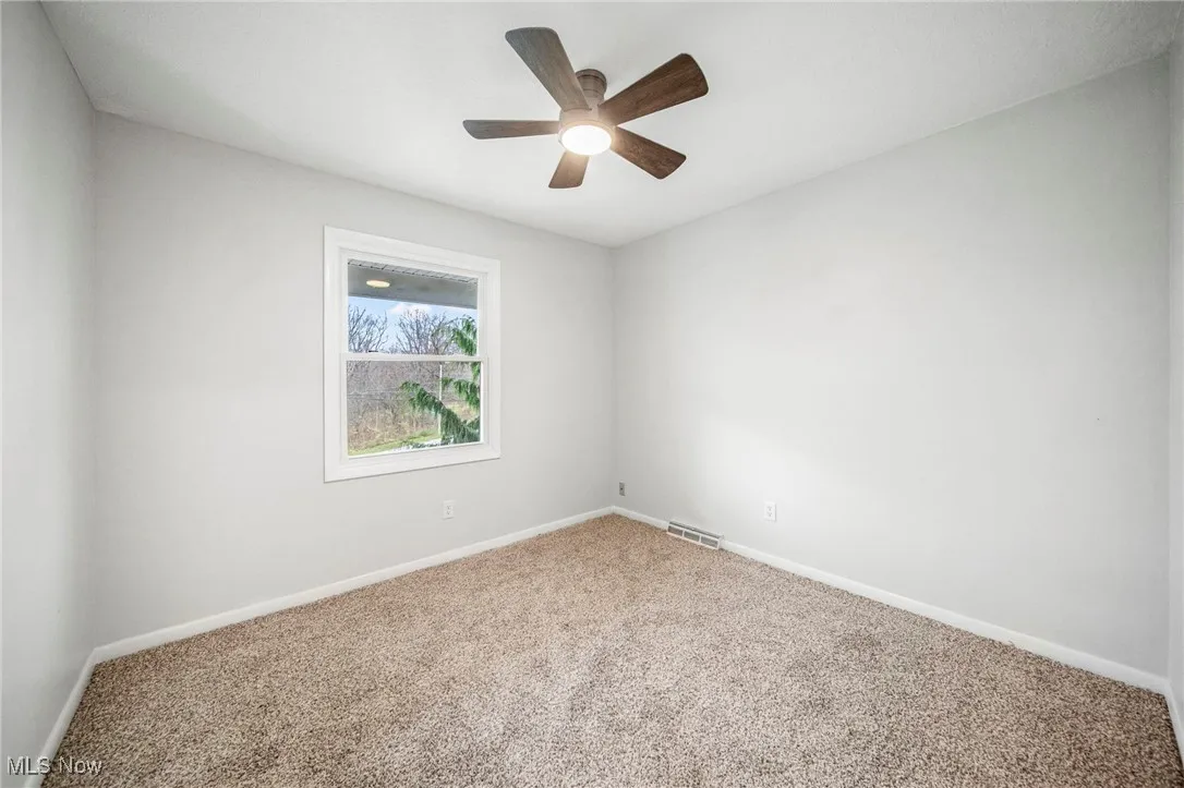 Unfurnished room featuring carpet and a ceiling fan