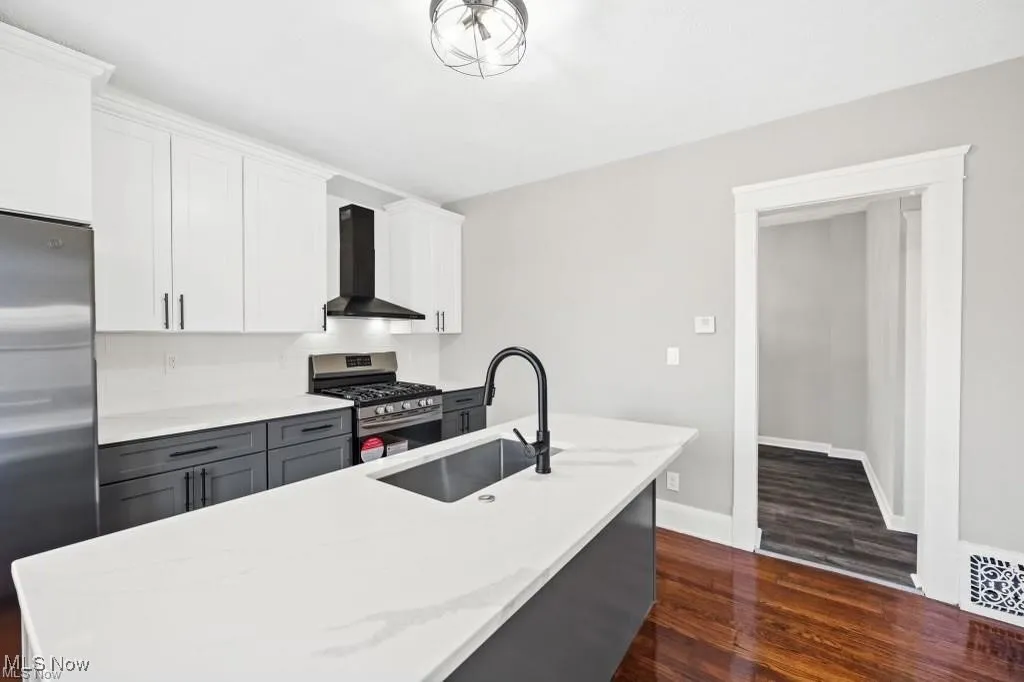 Kitchen featuring stainless steel appliances, white cabinets, dark wood finished floors, and wall chimney exhaust hood