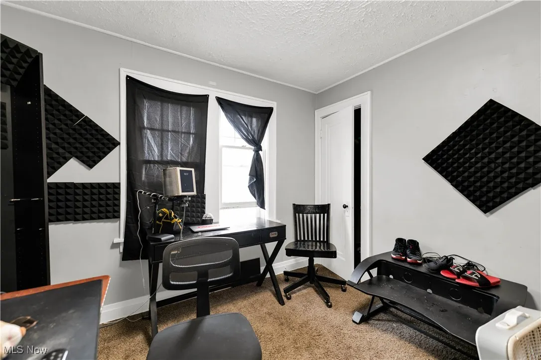 Office with a textured ceiling and light carpet