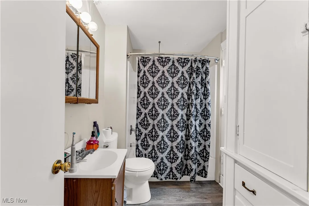 Full bath featuring vanity, dark wood-style flooring, and a shower with shower curtain