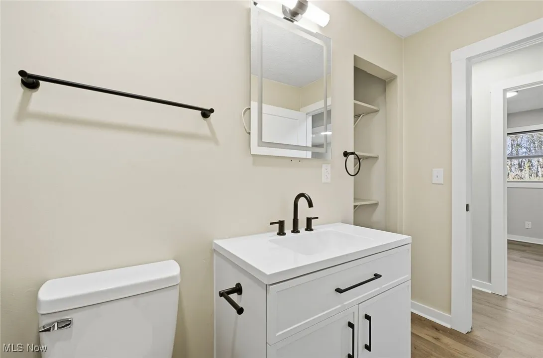 Bathroom featuring vanity and light wood-type flooring