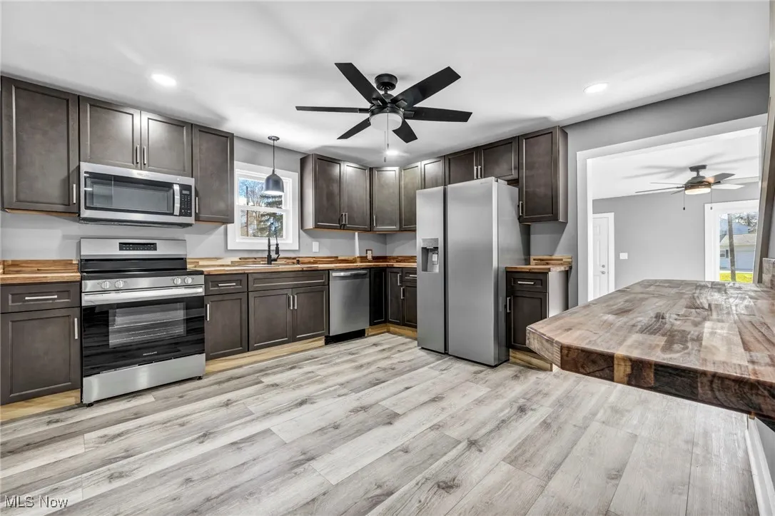 Kitchen with a ceiling fan, stainless steel appliances, dark brown cabinets, light wood finished floors, and butcher block counters