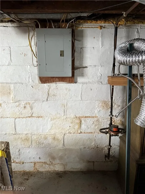 Unfinished below grade area featuring electric panel