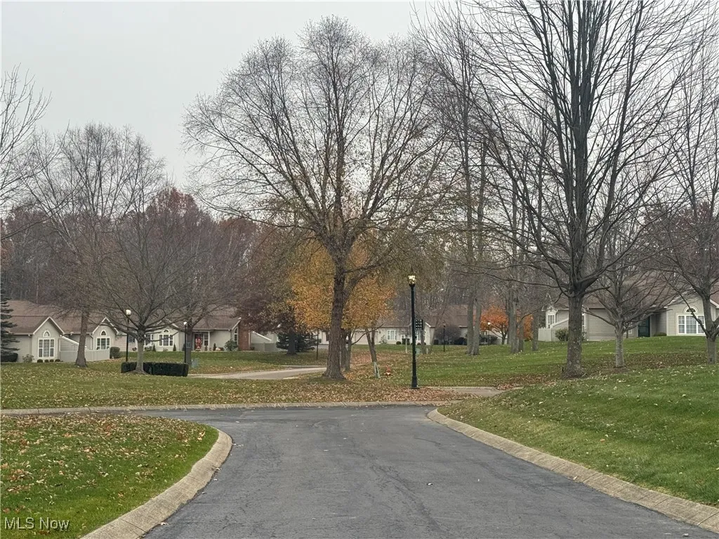 View of asphalt street featuring curbs, a residential view, and street lighting