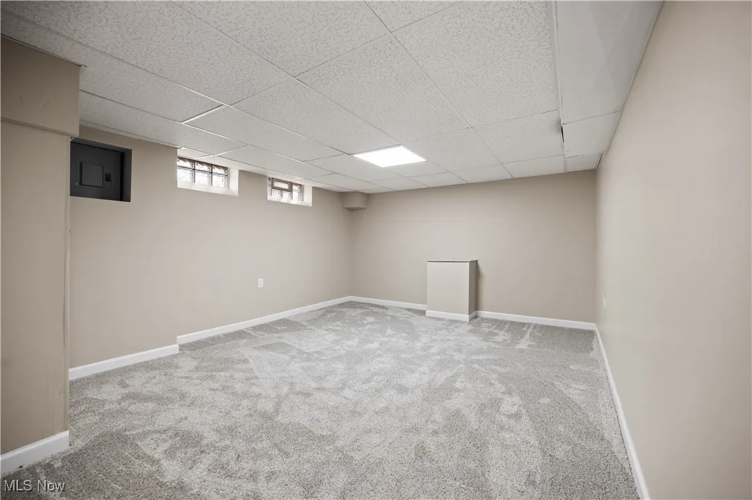 Basement with light colored carpet, a drop ceiling, and electric panel