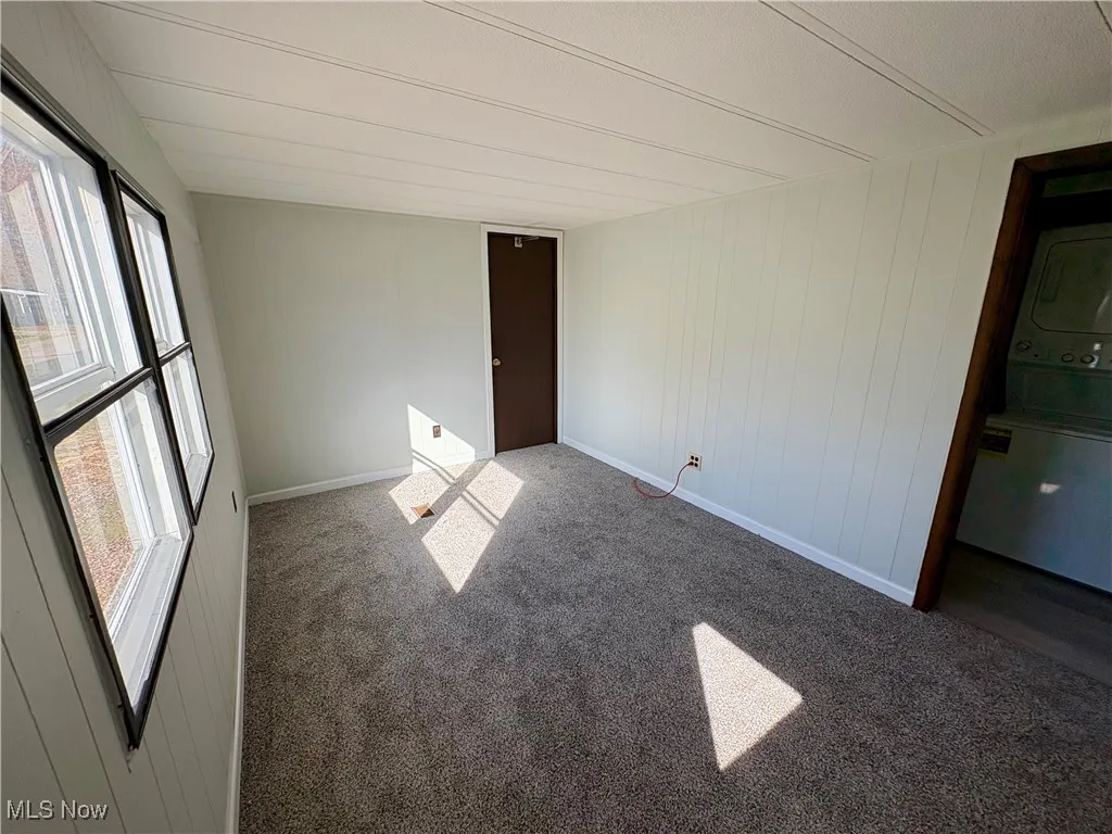 Carpeted spare room featuring wooden walls and stacked washer and clothes dryer