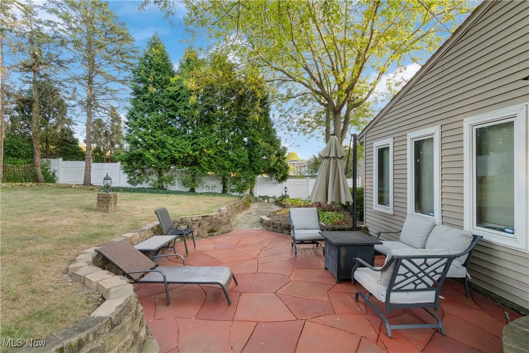 Fenced backyard with a patio