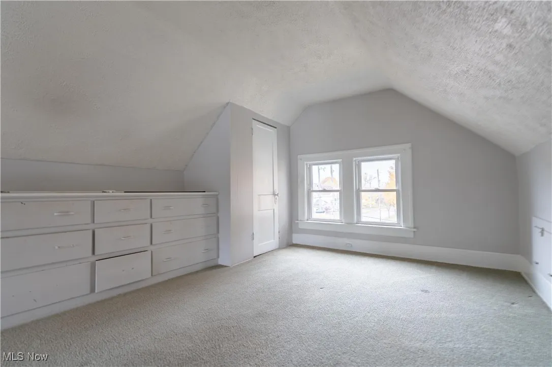Additional living space featuring lofted ceiling, carpet flooring, and a textured ceiling