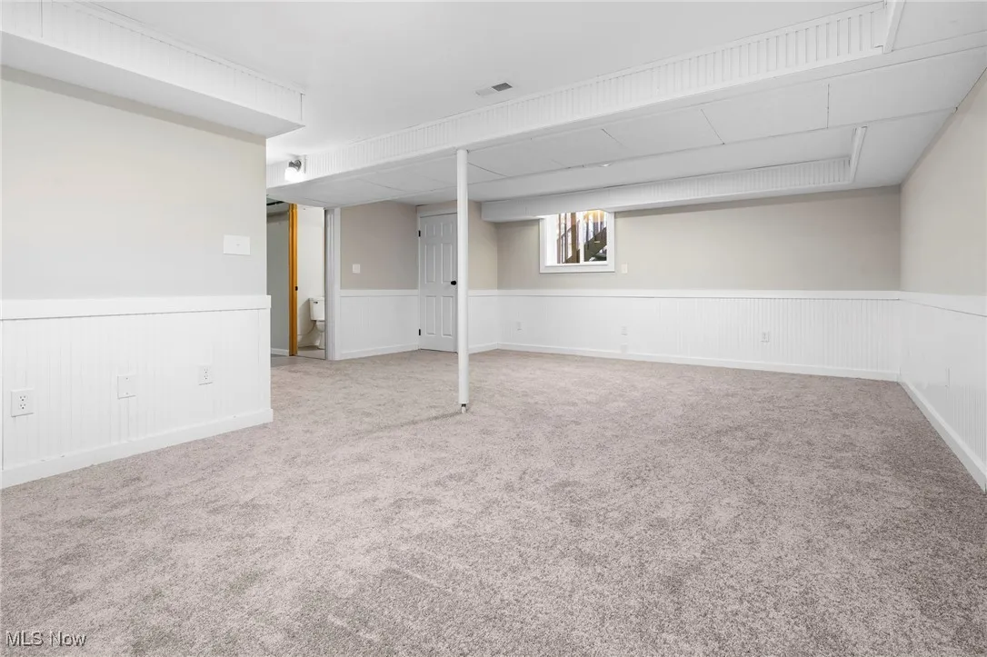 Below grade area featuring carpet floors and wainscoting