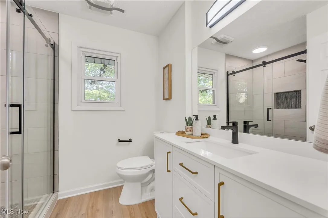 Bathroom with vanity, light wood-style flooring, and a shower stall