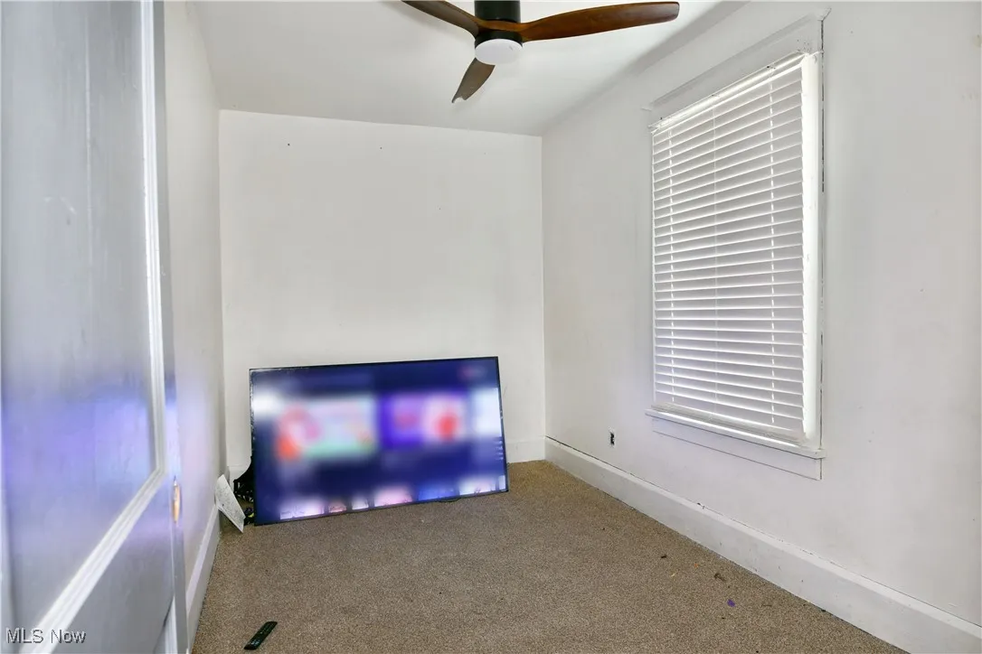 Detailed view of carpet and a ceiling fan