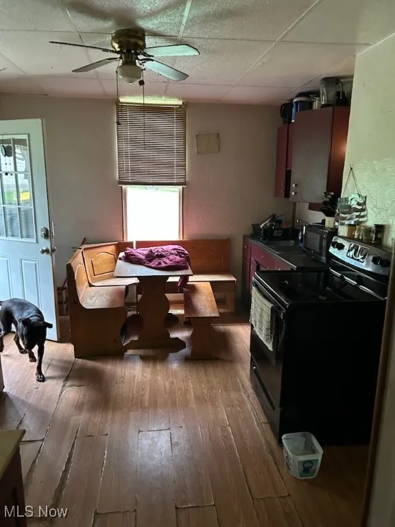 Kitchen with black appliances, wood finished floors, a paneled ceiling, and a ceiling fan