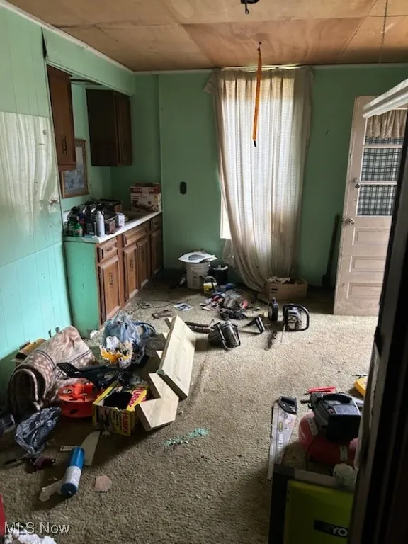 Kitchen with carpet floors